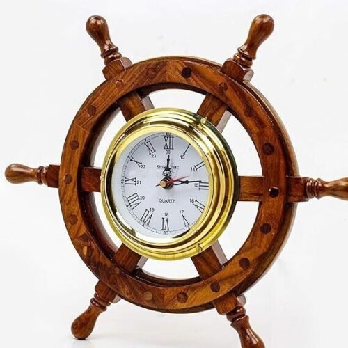Premium Nautical Hand Crafted Brass Time's Clock Wooden Ship Wheel | Pirate's