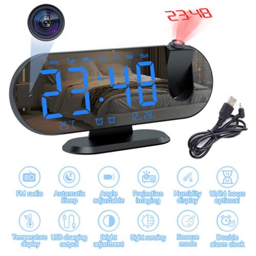 Projection Alarm Clock 64GB WiFi Security Camera For Bedroom Radio Alarm Clock
