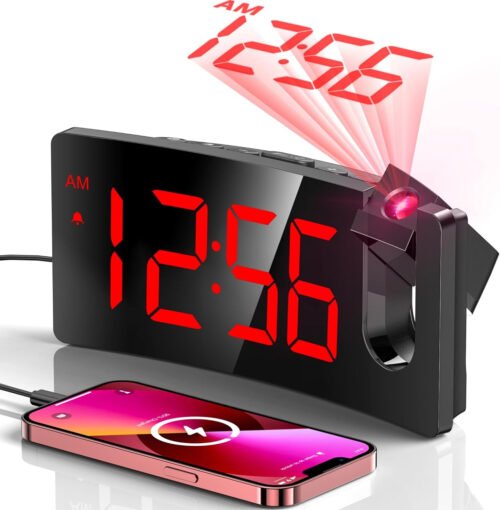 Projection Alarm Clock, Digital Clock with Modern Curved Design 180° Rotatable P