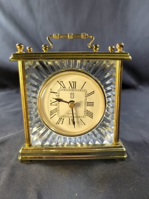 PS Solid glass block Desk Clock with brass color trim Handle Works unique Rare