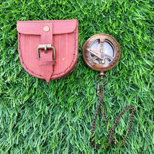 Push Button Pocket Sundial Compass with Vintage Chain, Antique Maritime Brass Ma