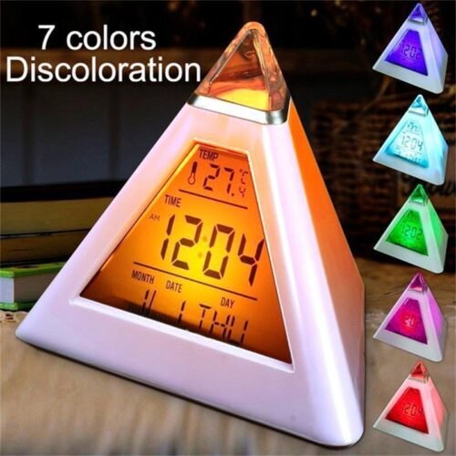 Pyramid LED Clock Color Changing Back Ambient Night Light Alarm Temperature Date