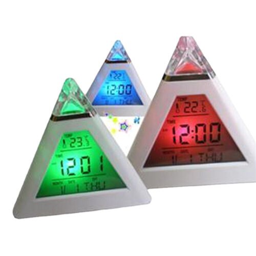 Pyramid Shape Led Alarm Clock Time Date Temperature Display 7 Colors Desk Clock