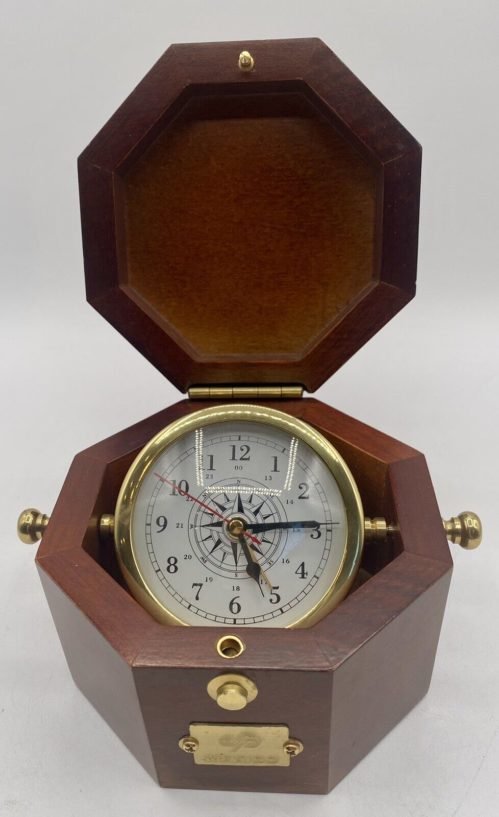 Quartermaster Maritime Desk Clock Octogonal Mahogany Wood Display WORKS