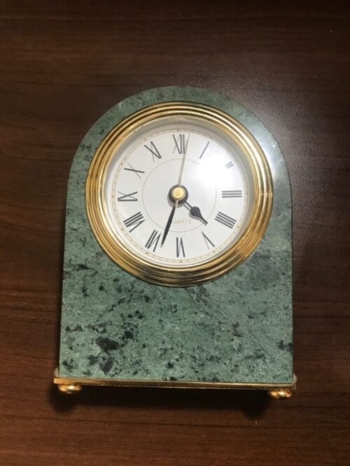 Quartz Clock Green Marble Body with Brass Trim 4”x5”x1” Analog Desk Clock