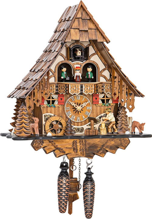 Quartz Cuckoo Clock Black Forest House with Moving Wood Chopper and Mill Wheel 3