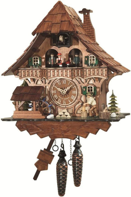 Quartz Cuckoo Clock Black Forest House with Moving Wood Chopper and Mill Wheel