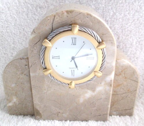 Quartz Desk/Table Mini Clock In ~6" Tall Marble Stone Setting /Needs New Battery