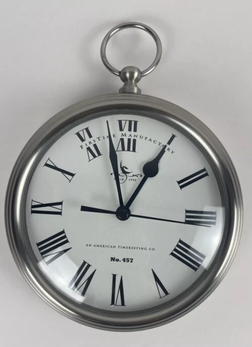 Quartz Wall Clock By First Time Battery Round Roman Numerals Hanging Ring 7”
