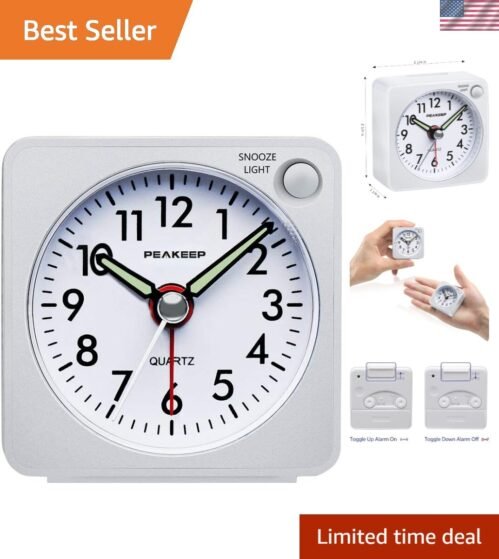 Quiet Sweep Travel Alarm Clock with Easy Snooze - Portable and No-Ticking