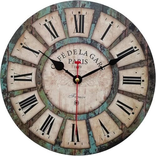 Qukueoy 24 Inch Silent Round Wooden Wall Clock Rustic Country Style, Battery