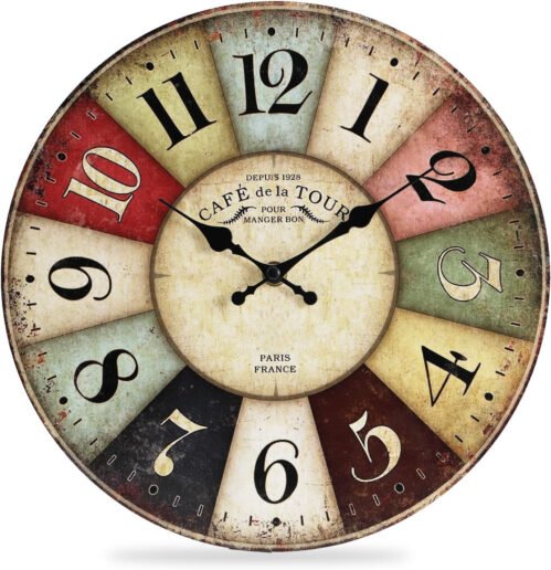 QWANPET Wall Clock - 12" Retro Rustic Style Quartz Clock, Silent Non-Ticking Woo
