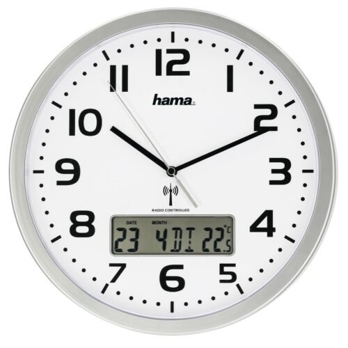 Radio-Controlled Wall Clock "Extra" With Date And Temperature Indicator