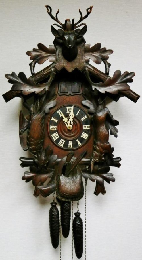 Rare Antique 19thC Large Carved Black Forest Automaton Cuckoo & Quail Wall Clock
