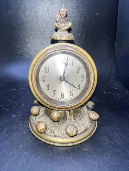Rare Antique Dartmoor Pixie Bronze Alarm Clock 12 Day Decorated w Mushrooms 19th