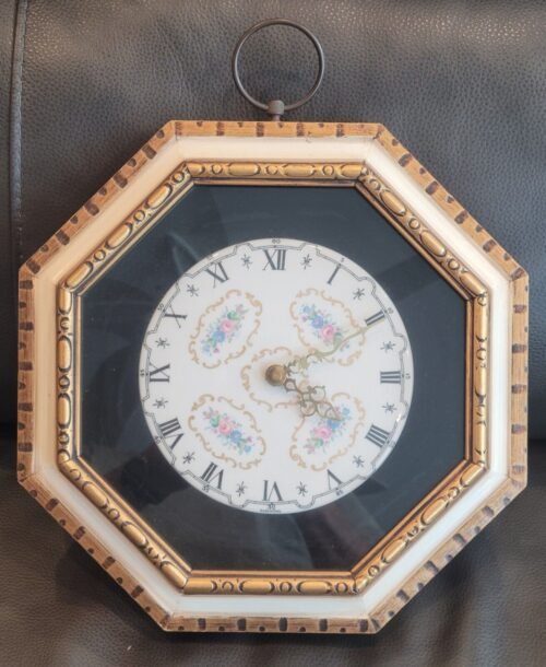 Rare Italian 60s Vtg Wall Clock Porcelain Flower Gold Florentine Wood Octagon