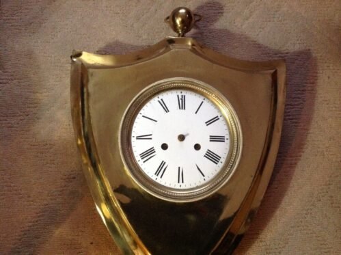 Rare Old Big BRASS Art Shield Wall CLOCK Architectural Salvage White Enamel Dial