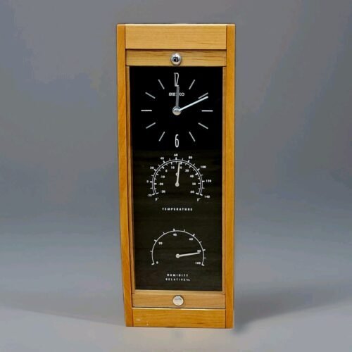 Rare Seiko Wall clock With thermometer and Hygrometer, Black ,Oak Frame Working!