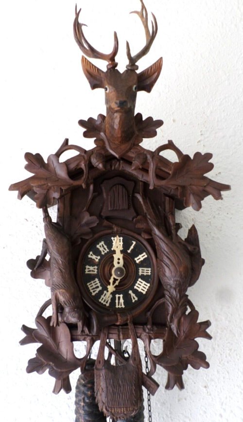 RARE VERY OLD GERMAN BLACK FOREST FANCY DEEP CARVED WORKING HUNTER CUCKOO CLOCK!