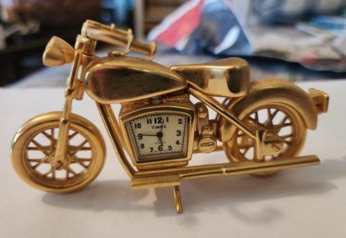 RARE Vintage 4" Solid Brass Timex Motorcycle Desk Shelf Novelty Clock Bike Mini
