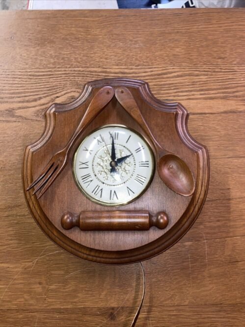 RARE Vintage MCM Lanshire 1950s Walnut Wood Kitchen Utensil Wall Clock Works!