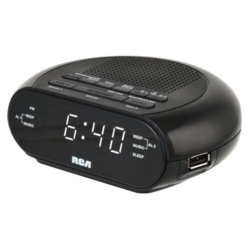 RCA Digital Radio Alarm Clock with Soothing Sounds, Brightness Control, and...