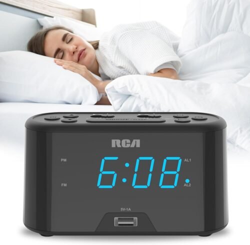 RCA RC571 Digital Alarm Clock Radio with Large Numbers and USB Charging, LED Dis