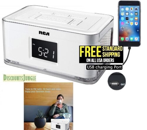 RCA RCR8622 Dual Alarm Clock AM FM Radio w4 Multi color Wraps /phone USB Charger