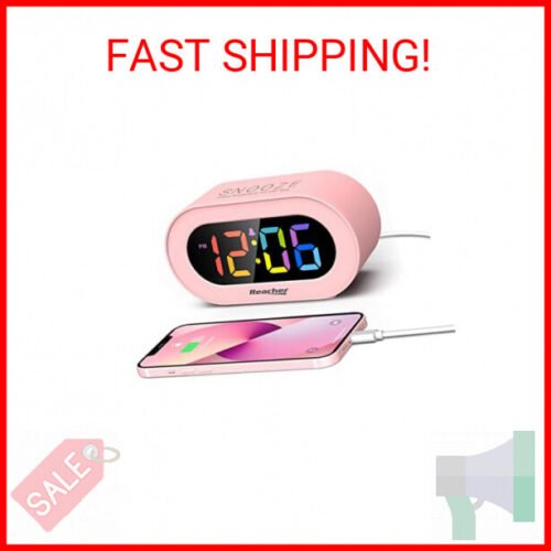 REACHER Pink Girls Alarm Clock, Dimmable Colorful LED Digital Display, USB Phone