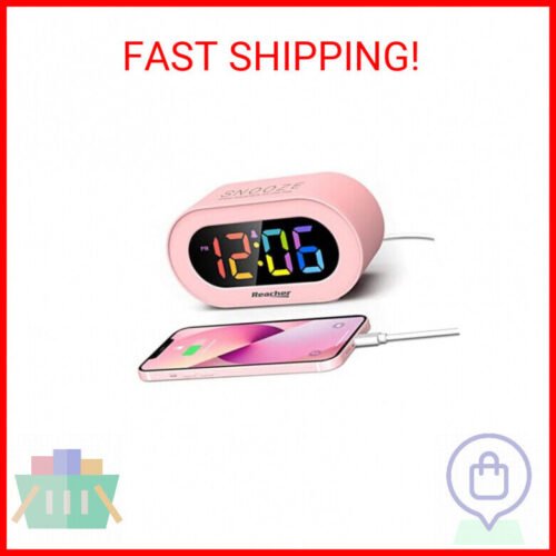 REACHER Pink Girls Alarm Clock, Dimmable Colorful LED Digital Display, USB Phone