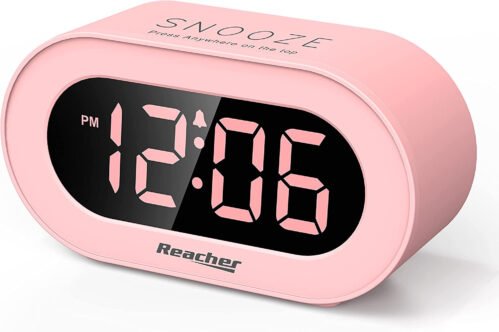 REACHER Pink Girls Alarm Clock for Kids Bedroom, Dimmable LED Digital Display, O