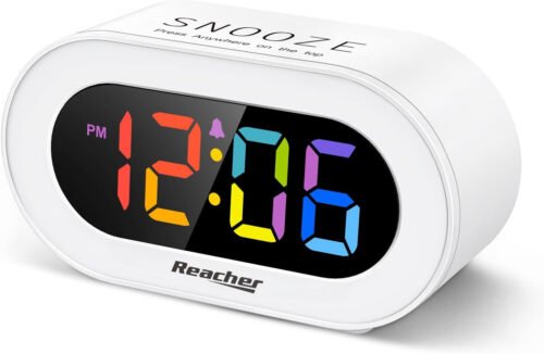 REACHER Small Colorful LED Digital Alarm Clock with Snooze, Simple to Operate, F