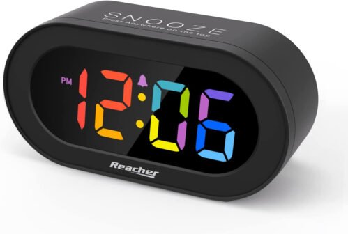 REACHER Small Digital Rainbow LED Alarm Clock with Snooze, Easy to Use, Full Ran