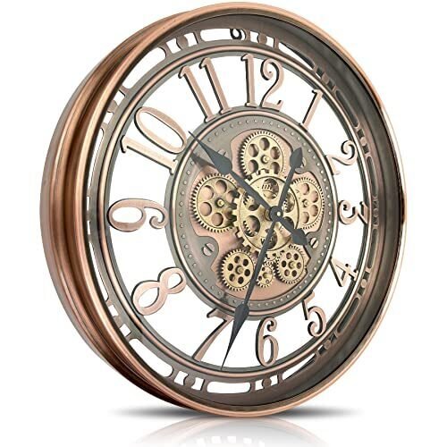 Real Moving Gears Wall Clock Large Modern 53.5cm / 21 inch Red Copper Arabic