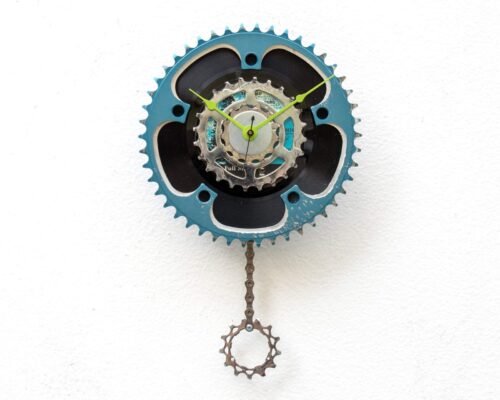 Recycled Bike Gear Pendulum wall clock, bicycle, cycle, upcycle, battery, chain