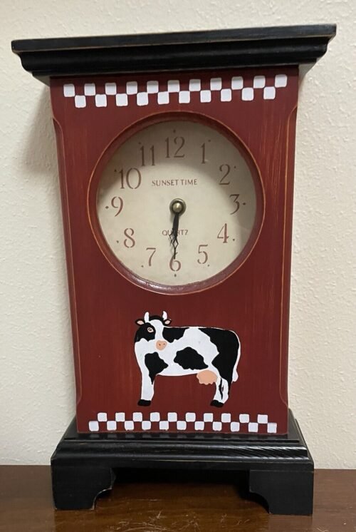 Red And Black Wood Country Farm Cow Analog 12” Tall Hanging Mantel Table Clock