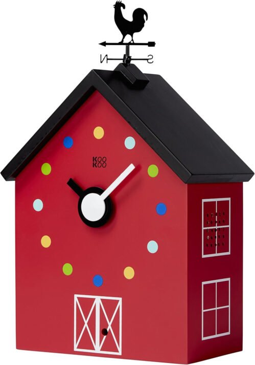 Red Barn Large, Farmhouse Clock with 12 Animal Sounds, a Rooster and a Rotating