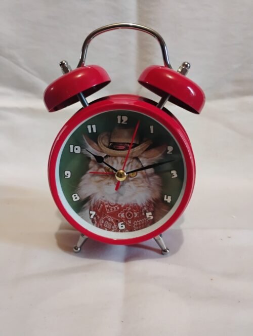 Red Bell Alarm Clock Featuring A Cat With Cowboy Hat works great