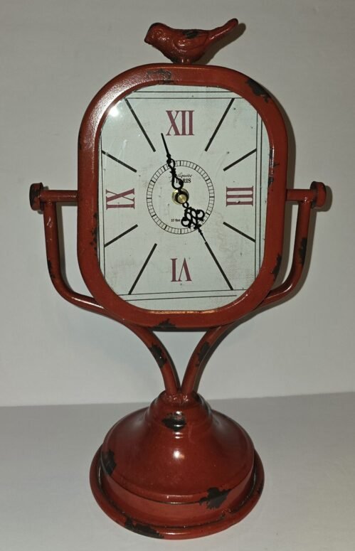 Red Bird Clock Distressed On Stand Farmhouse Rustic Country Kitchen Battery Op