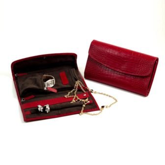 Red "Croco" Leather Multi Compartment Jewelry Clutch with Snap Closure