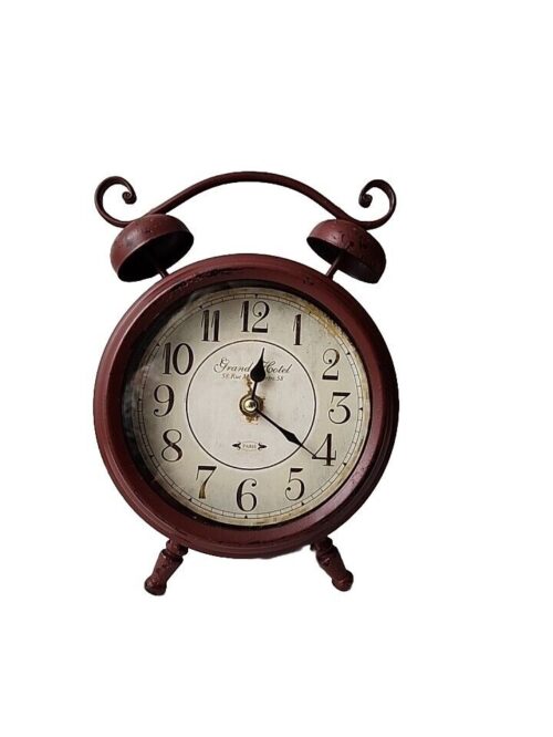 Red Distressed Metal Shelf Mantel Clock With Feet No Alarm Quiet Tick