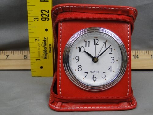 Red Folding Travel Alarm Clock Quartz Analog Vintage Style Faux Leather Case