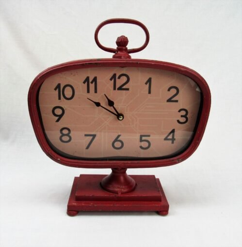 Red metal table Clock retro vintage look Primitive rustic 13 x 14"