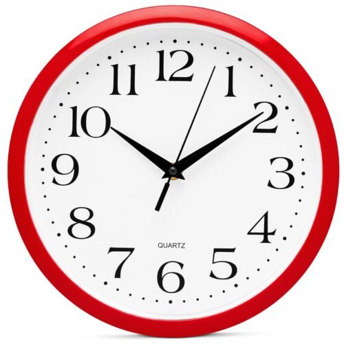 Red Wall Clock Silent Non Ticking - 12 Inch Quality Quartz Battery Operated R...