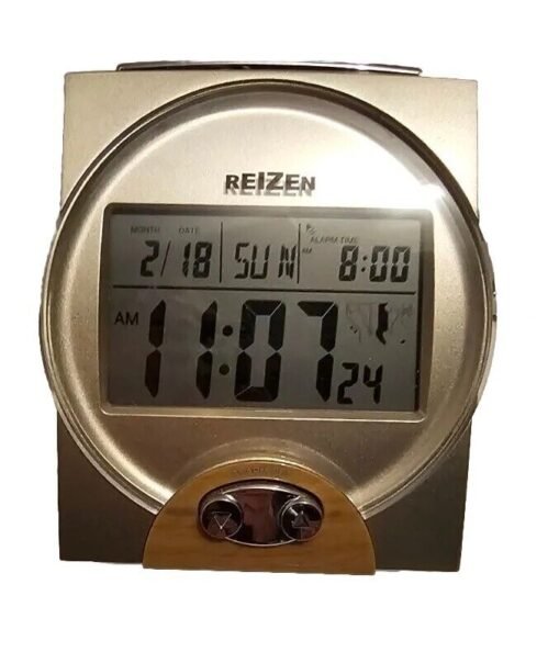 Reizen Talking Atomic Alarm Clock Date Calendar Gold Faux Wood Battery Operated