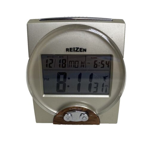 Reizen Talking Atomic Alarm Clock Date Calendar Gold Faux Wood Battery Operated