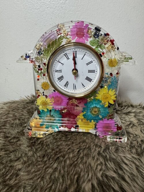 Resin Desktop Clock Pressed Flowers Perzonalized Handmade Colorful Floral Clock