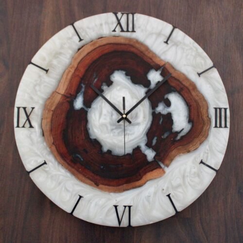 Resin Wall Clock for Home Decor White and Wooden Abstract modern design