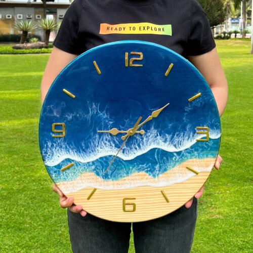 Resin Wood Wall Clock 16", Epoxy Wave Seashore Round Silent Non-Ticking Clock