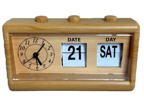Retro Alarm Clock Flip Day And Date Working Battery Operated Plastic Wood Grain
